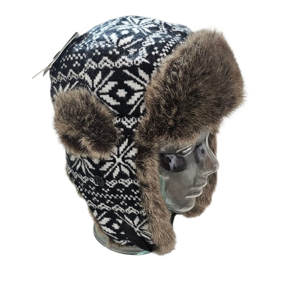 NWT DBY Winter Hat Trapper Faux Fur Trooper Black White Nordic Cap Fair Isle ~ - Picture 1 of 6